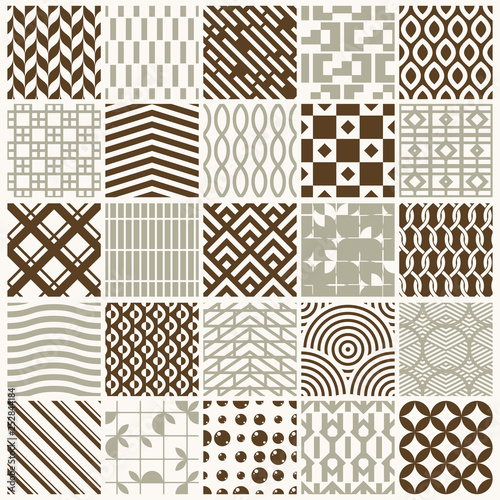 Set of vector endless geometric patterns composed with different figures like rhombuses, squares and circles. 25 graphic tiles with ornamental texture can be used in textile and design.
