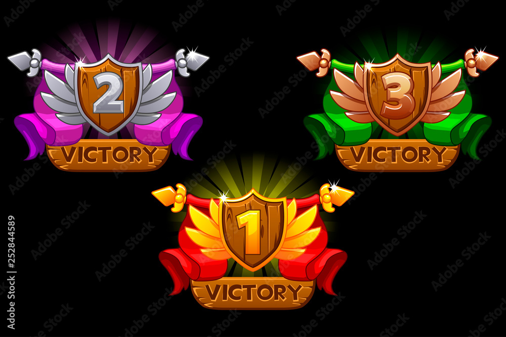 Game rating icons with Shields and ribbons. Vector Icons For game, user interface, banner, application, game development. 1,2,3 place icon