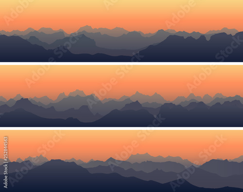 Horizontal banners of rocky high mountains at sunset.