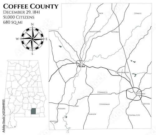 Large and detailed map of Coffee county in Alabama, USA