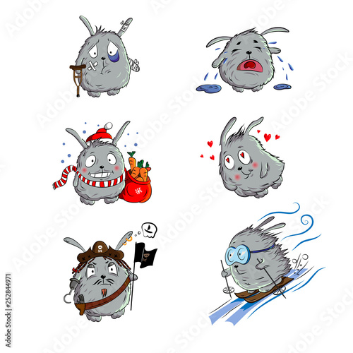 Cute cartoon rabbit set. Little gray bunny is a pirate, in love, skiing, with christmas presents, criing and is sick.