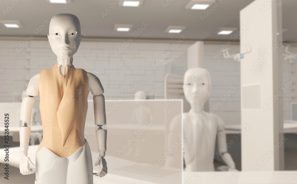 Obraz premium female autonomous artificial intelligence robots on the chair in the office 3d-illustration