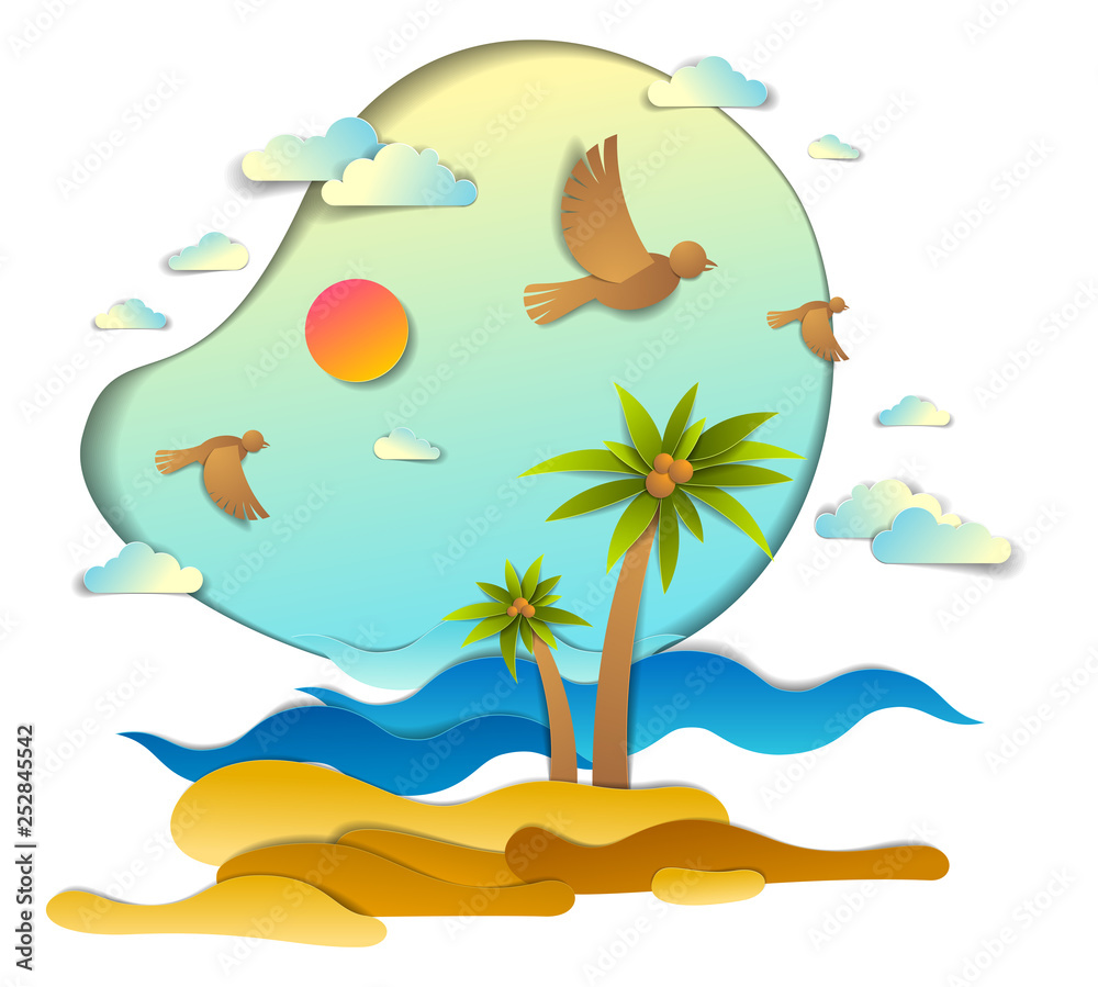 Obraz premium Beach with palms, sea waves perfect seascape, birds clouds and sun in the sky, summer beach holidays theme paper cut style vector illustration.