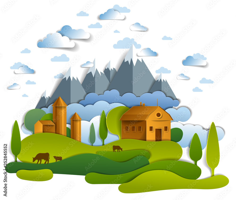 Farm in scenic landscape of fields and trees, mountains peaks and country buildings, clouds in sky, cow milk ranch, countryside lazy summer time vector illustration in paper cut style.