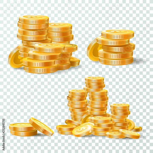 Stack of gold coins. Golden coin pile, money stacks and golds piles isolated vector set
