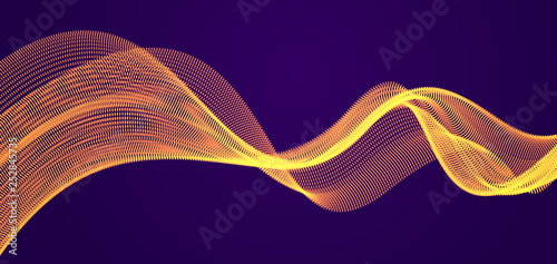 3d particles mesh array, sound wave flowing over dark background. Shining points vector effect illustration. Blended mesh, 3d futuristic technology style.