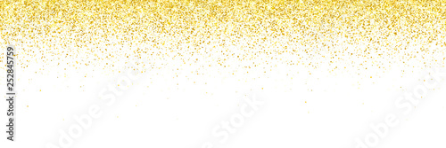 Wide gold glitter falling particles on white background. Vector