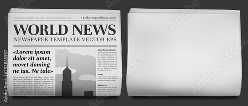 Newspaper headline mockup. Business news tabloid folded in half, financial newspapers title page and daily journal vector illustration photo