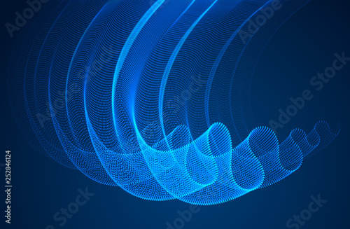 Array of magic particles flowing over dark, dynamic wave transparent tulle textile on wind. 3d vector illustration. Mesh round dots, beautiful relaxing wallpaper illustration.