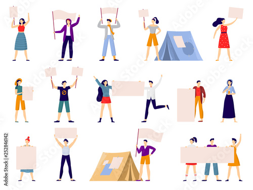 Protesters people. Peaceful protest march, activist holding banner or placard and protesting activists flat vector illustration