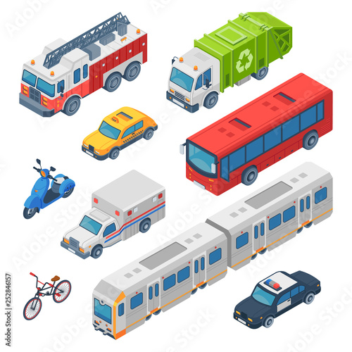 Isometric city transport. Ambulance, police car and fire engine. Subway train, town taxi and public bus. Traffic cars 3d vector set
