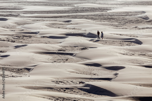 A couple walking through the sands in Oregon Dunes National Recreation Area, Oregon Coast, USA. Footprints in the sand. View from faraway, copy space. Travel USA. photo