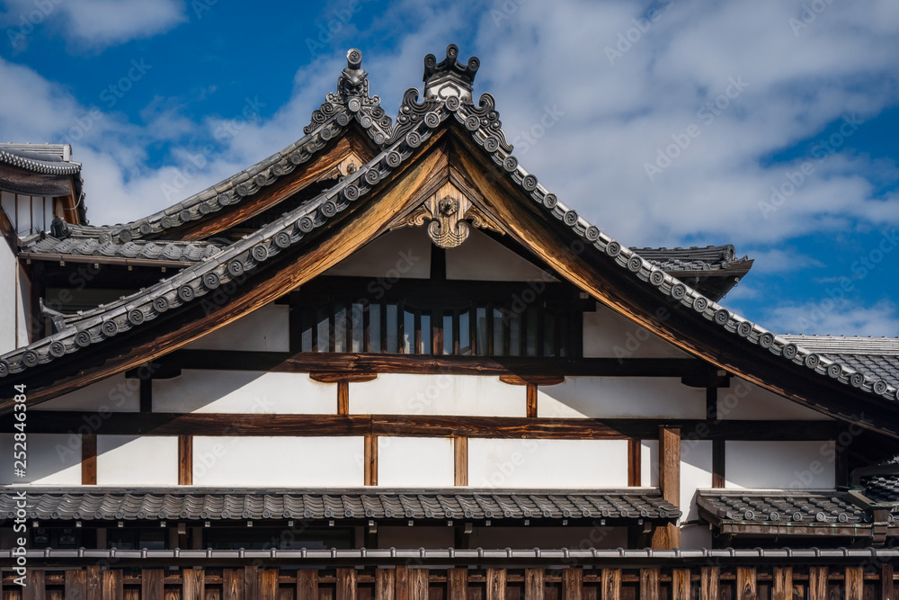 Roof detail with the specific roof tiles of a traditional Japanese Shrine complex in Gion, Kyoto, Japan.