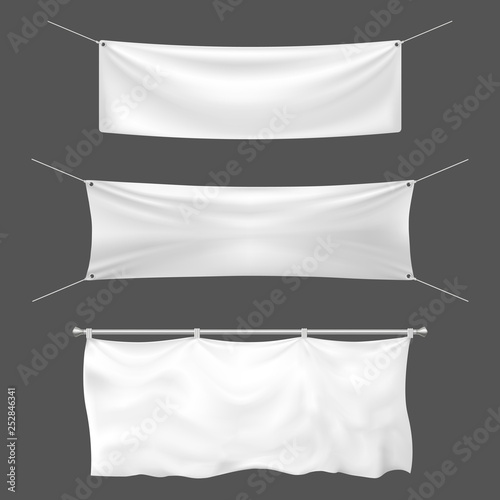 Textile banner mockup. Empty sign banner, hanging blank white banners and announcement canvas signs 3d template vector illustration