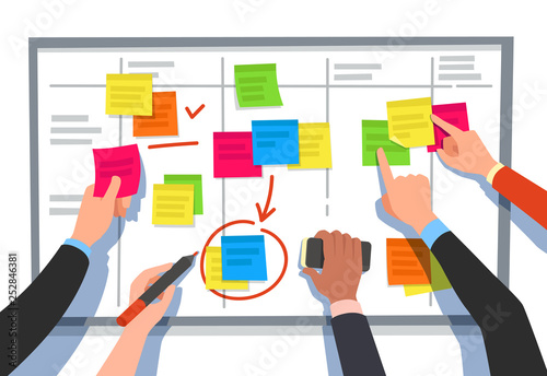 Scrum board. Task list, planning team tasks and collaboration plan flowchart. Business workflow scheme cartoon vector illustration photo