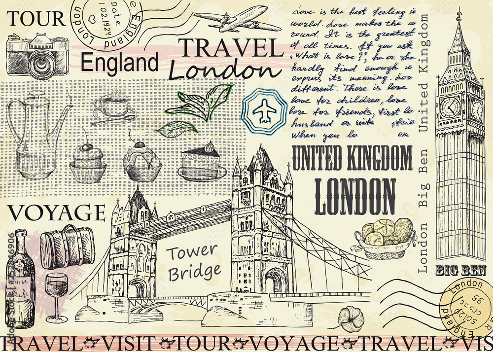London with Big Ben and Tower Bridge. Vector illustration