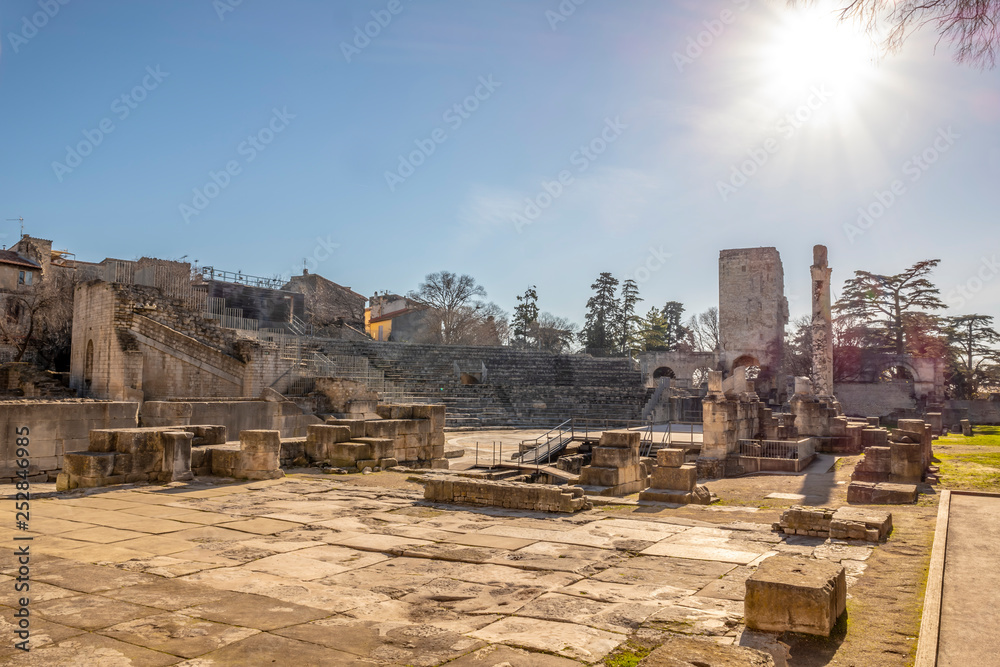 Roman Theatre with Sunbeam in Arles, France.