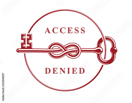 Access Denied, Knotted key allegorical symbol, vintage antique turnkey in a knot, blocked account, personal data protection, hacker and fraud attack, vector logo.