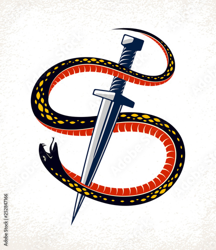 Dagger kills a Snake, defeated Serpent wraps around a sword vector vintage tattoo, Life is a Fight concept, allegorical logo or emblem of ancient symbol.