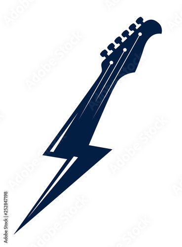 Electric guitar headstock in a shape of lightning, hot rock music, Hard Rock or Rock and Roll concert or festival label, night club live show band performance, vector logo.