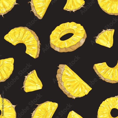 Elegant seamless pattern with fresh pineapple pieces and slices on black back...