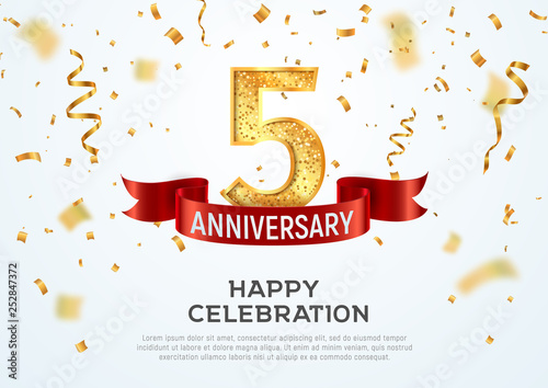 5 years anniversary vector banner template. Five year jubilee with red ribbon and confetti on white background