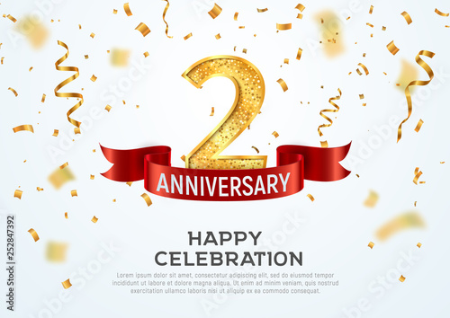 2 years anniversary vector banner template. Two year jubilee with red ribbon and confetti on white background