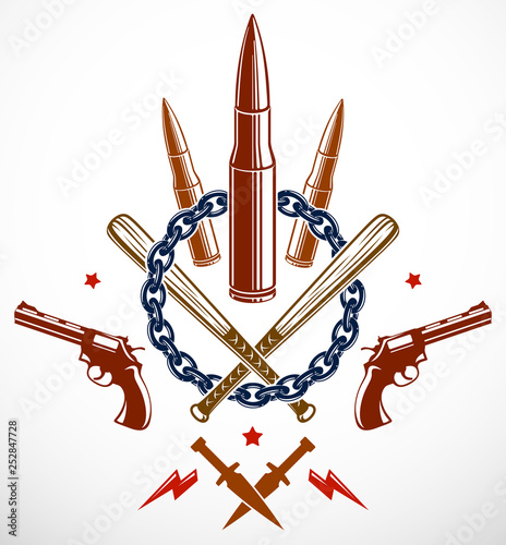 Revolution and War vector emblem with bullets and guns, logo or tattoo with lots of different design elements, riot partisan warrior, criminal and anarchist style, social tension theme.