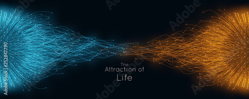 Colorful attraction of life. Vector connecting particle tails. Small particles strive to each other. Blurred debrises into rays or lines under high speed of motion. Burst, explosion backdrop. photo