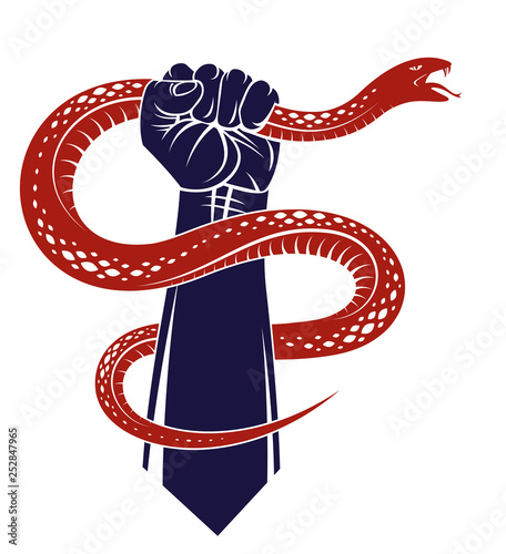 Hand squeezes a snake, fight against evil devil and Satan, control your inner beast animal, archetype shadow, life is a fight concept, vintage vector logo or tattoo.