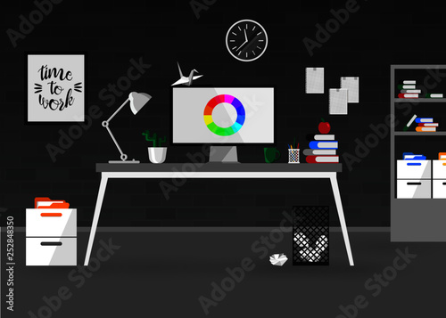 Flat style of designer workplace. Creative workspace with black brick wall. Modern furniture in the room. Working place concept. Vector illustration