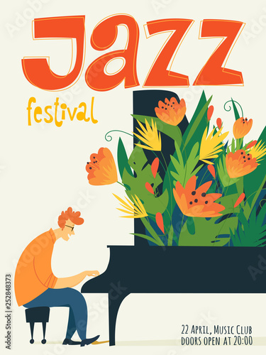 Photography Vector jazz poster with piano musician with abstract flowers