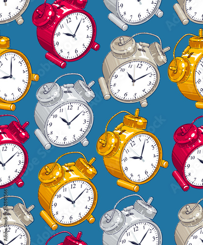 Alarm clocks seamless background, timer, deadline hurry and wake up concept, vector wallpaper or web site background.