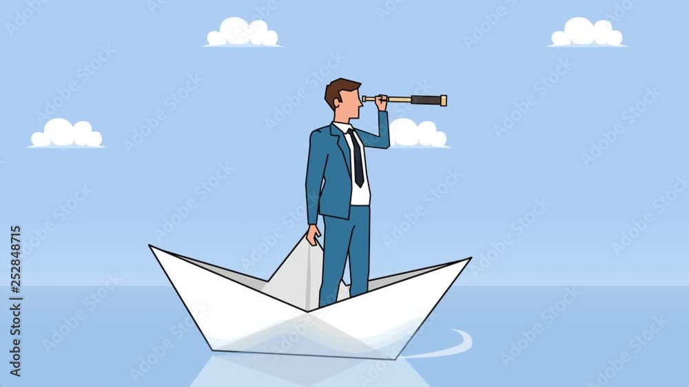 Flat cartoon businessman character looks through spyglass floating on paper boat animation Flat cartoon businessman character looks through spyglass floating on paper boat animation