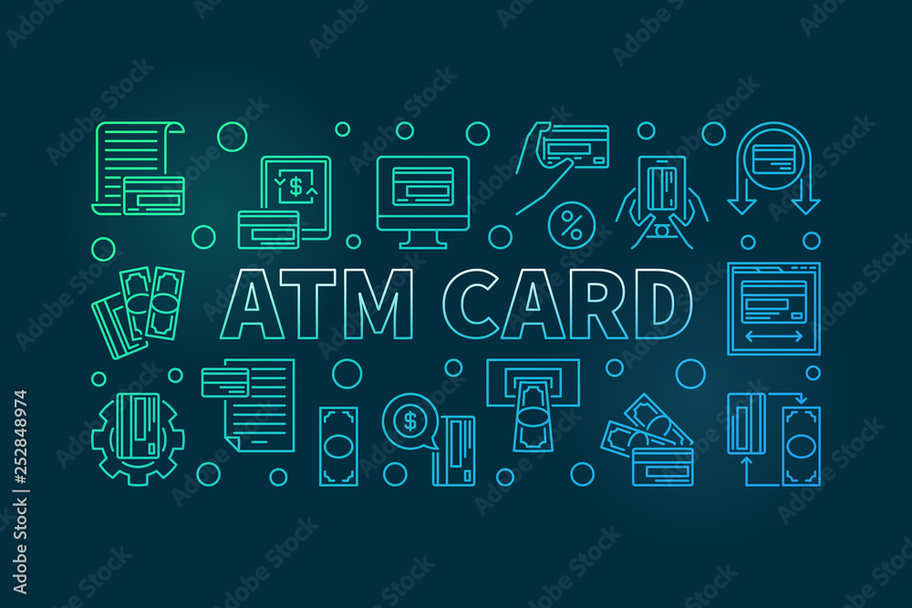 ATM Card outline colored horizontal banner. Vector illustration on dark background