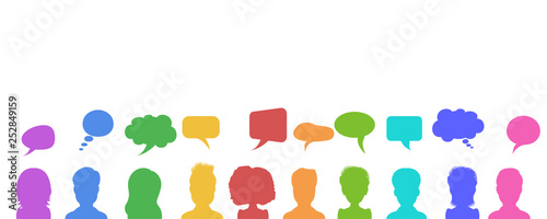 Vector illustration in flat style, businessmen discussion in social networks, news or chat dialogue speech bubbles. Social network design concept.