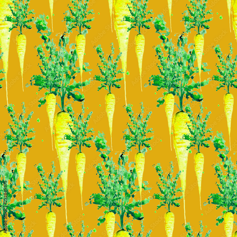 Naklejka premium Watercolor Vegan Pattern. Seamless Hand Drawn Vegetables. Healthy Food Print. Gardening Background. Greenery Repeatable Design for Menu, Restaurant, Salat Bar, Farmers Market. Carrot. Vegetarian.