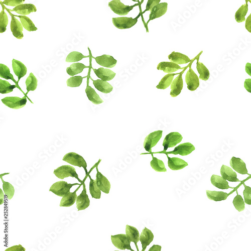Watercolor pattern with isolated green leaves