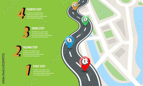 Flat color style Highway road infographic. Street roads map with colorful pins. Vector illustration.