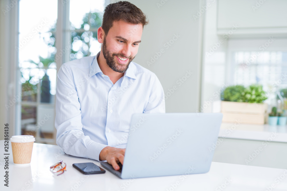 Handsome business man working using computer laptop and smiling Handsome business man working using computer laptop and smiling