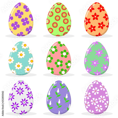 Easter eggs collection. Set of colorful Easter eggs with floral decoration. Isolated on white vector Easter eggs.