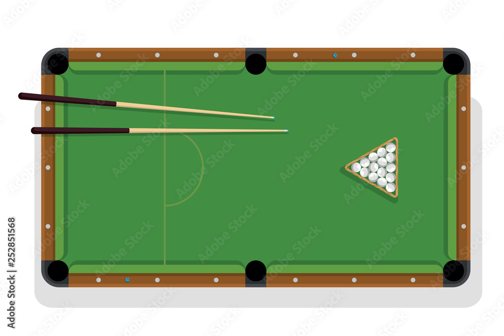 Pool table, cue and billiard balls for game. Billiard table with ...