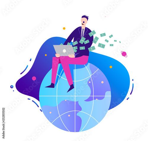 Vector business illustration, stylized character. businessman making money online, earning on network, internet. Man sitting on the globe with notebook