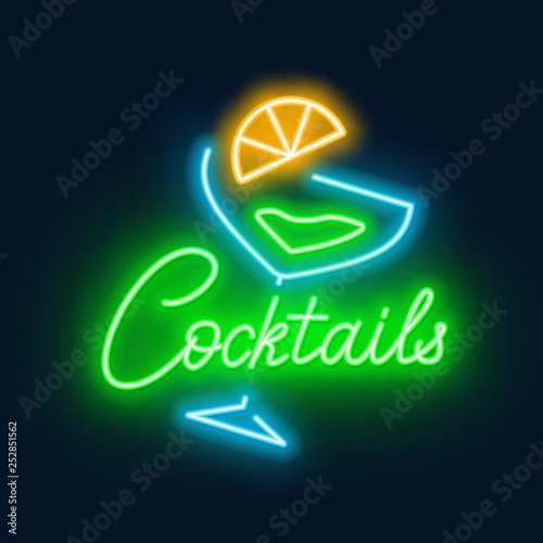 Neon lettering cocktails and sign on black background.