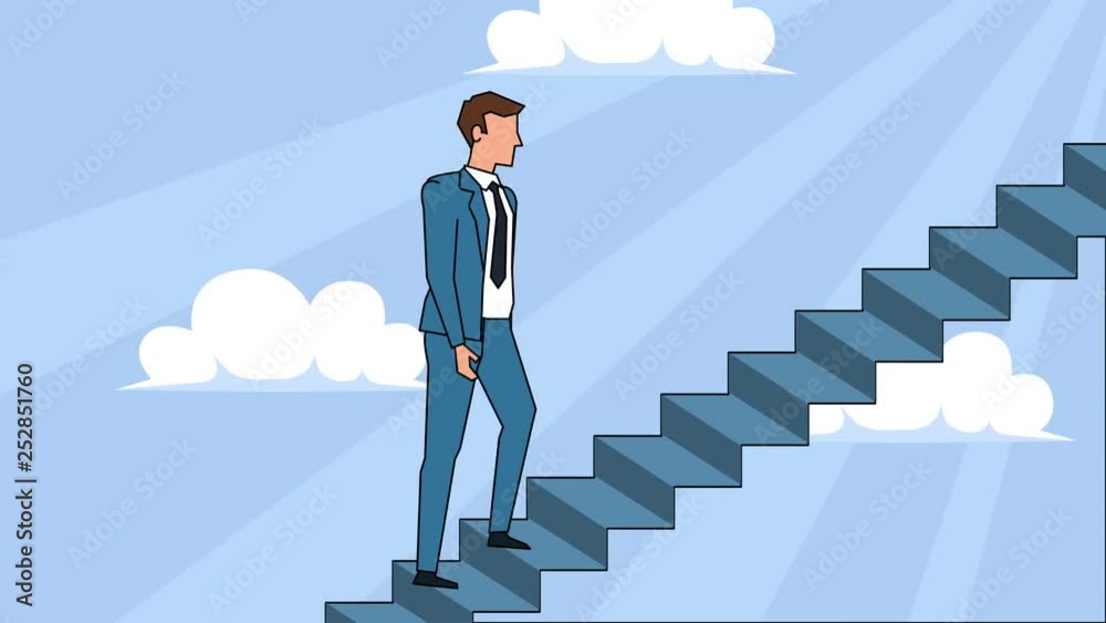 Flat cartoon businessman character goes up the career ladder stairs animation Flat cartoon businessman character goes up the career ladder stairs animation
