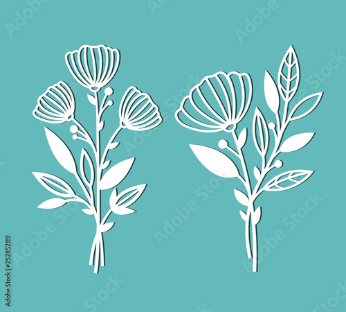 Branches with leaves and buds. Patterns for decoration. Elements for cutting out of paper, plotter or laser cutting.