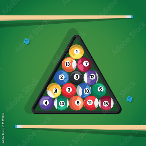 Billiard stick and pool balls in triangle on green table for game. Biliard balls, triangle and cue for game on green table top view.