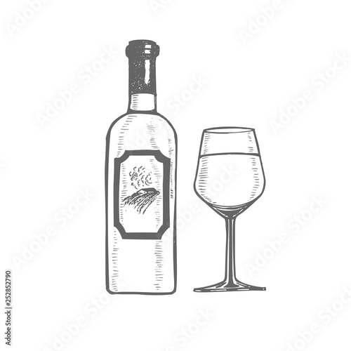 Wine Bottle and Glass in Hand Drawn Style