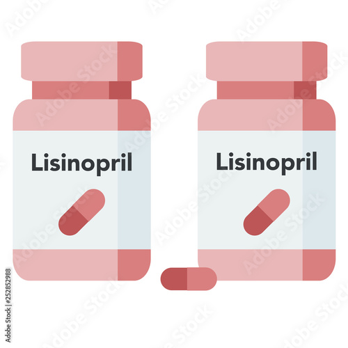 Bottle of pills, lisinopril is a medication of the angiotensin-converting enzyme (ACE) inhibitor class used to treat high blood pressure, heart failure, and after heart attacks.