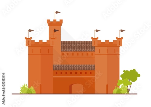Medieval fortress, citadel or stronghold with bulwark, towers and bastions isolated on white background. Historical building of beautiful architecture. Flat cartoon colorful vector illustration.